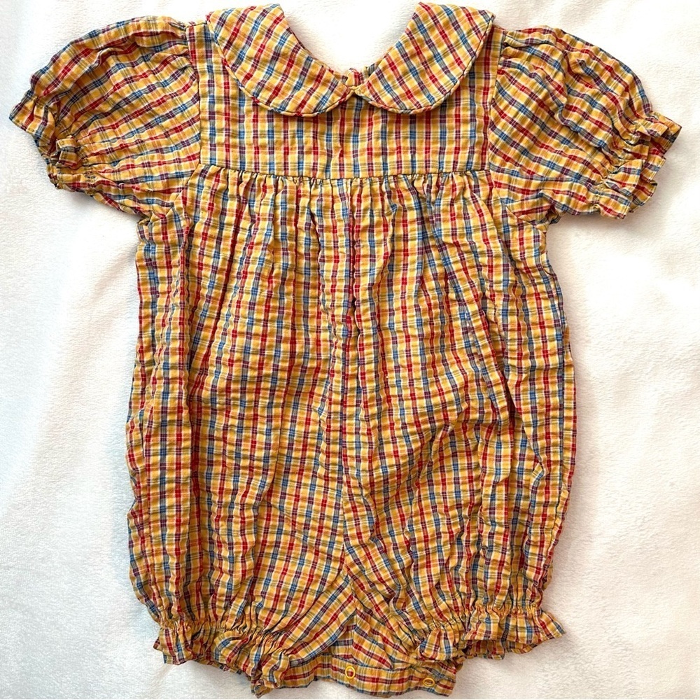 Vintage Samara Baby Girl Bubble Romper 24M One Pc Plaid Collar yellow blue red